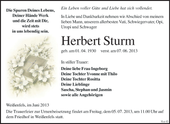 Traueranzeige von Herbert Sturm von WVG - Wochenspiegel NMB / WSF / ZTZ