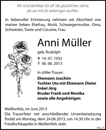Traueranzeige von Anni Müller von WVG - Wochenspiegel NMB / WSF / ZTZ