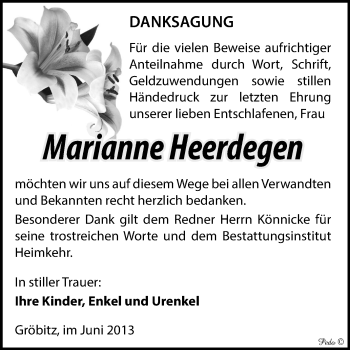 Traueranzeige von Marianne Heerdegen von WVG - Wochenspiegel NMB / WSF / ZTZ