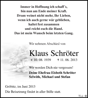 Traueranzeige von Klaus Schröter von WVG - Wochenspiegel NMB / WSF / ZTZ