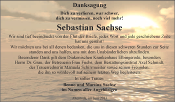 Traueranzeige von Sebastian Sachse von WVG - Wochenspiegel NMB / WSF / ZTZ