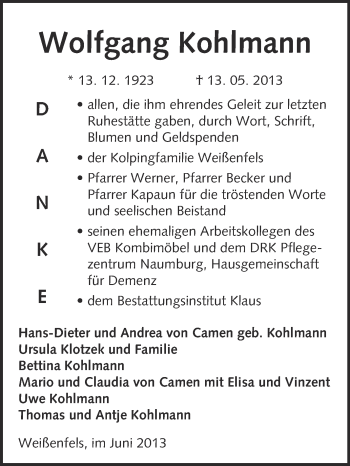 Traueranzeige von Wolfgang Kohlmann von WVG - Wochenspiegel NMB / WSF / ZTZ