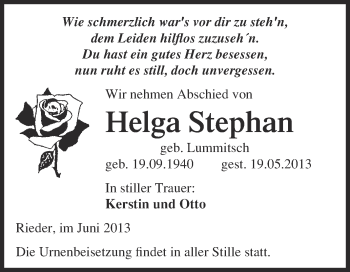 Traueranzeige von Helga Stephan von WVG - Wochenspiegel Quedlinburg