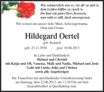 Traueranzeige von Hildegard Oertel von WVG - Wochenspiegel Quedlinburg