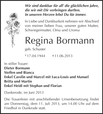Traueranzeige von Regina Bormann von WVG - Wochenspiegel Quedlinburg