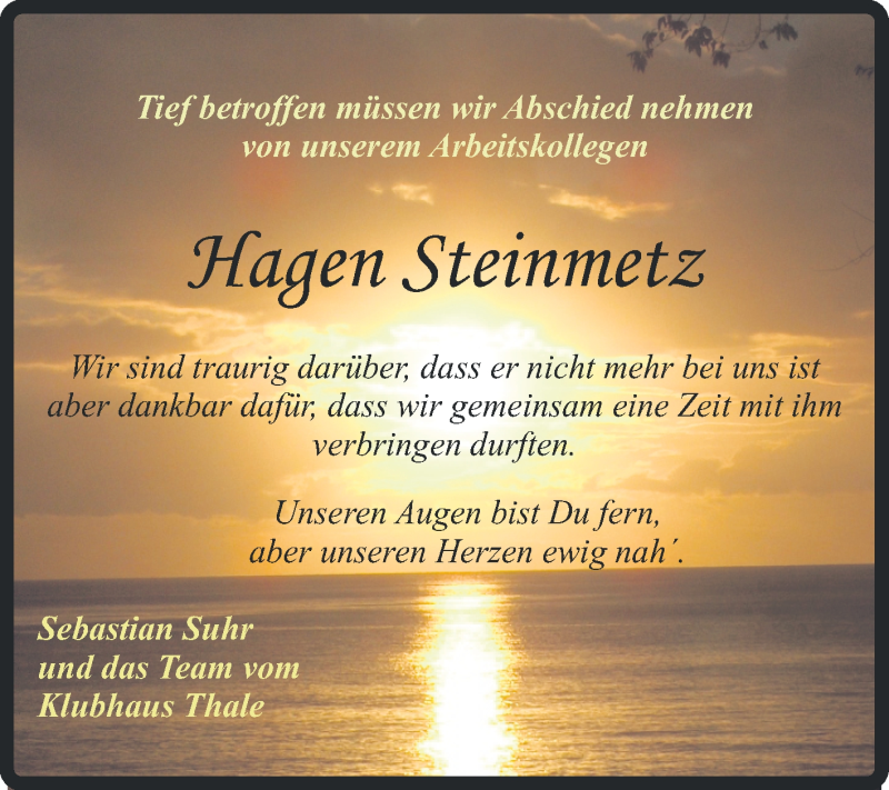  Traueranzeige für Hagen Steinmetz vom 16.06.2013 aus Super Sonntag Quedlinburg