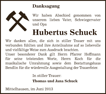 Traueranzeige von Hubertus Schuck von WVG - Wochenspiegel SGH