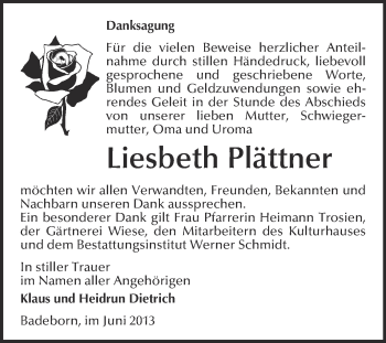 Traueranzeige von Liesbeth Plättner von WVG - Wochenspiegel Quedlinburg