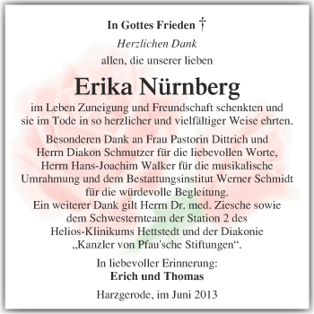 Traueranzeige von Erika Nürnberg von WVG - Wochenspiegel Quedlinburg