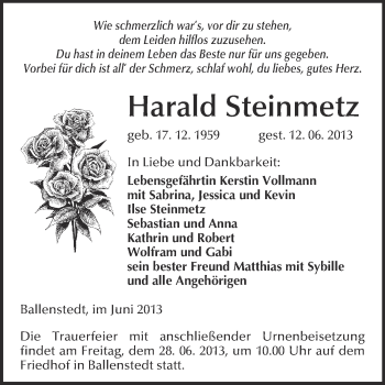 Traueranzeige von Harald Steinmetz von WVG - Wochenspiegel Quedlinburg