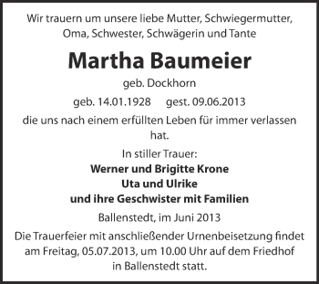 Traueranzeige von Martha Baumeier von WVG - Wochenspiegel Quedlinburg
