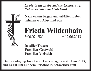 Traueranzeige von Frieda Wildenhain von WVG - Wochenspiegel Wittenberg