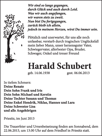 Traueranzeige von Harald Schubert von WVG - Wochenspiegel Wittenberg
