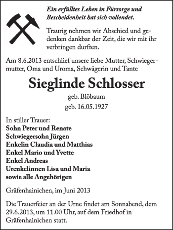 Traueranzeige von Sieglinde Schlosser von WVG - Wochenspiegel Wittenberg