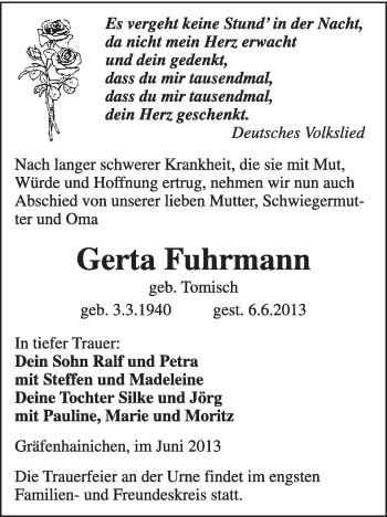 Traueranzeige von Gerta Fuhrmann von WVG - Wochenspiegel Wittenberg