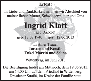 Traueranzeige von Ingrid Klatt von WVG - Wochenspiegel Wittenberg