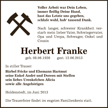 Traueranzeige von Herbert Franke von Super Sonntag SGH Mansf. Land