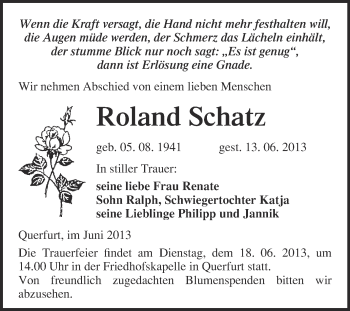 Traueranzeige von Roland Schatz von WVG - Wochenspiegel Merseburg