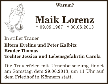 Traueranzeige von Maik Lorenz von Super Sonntag Bernburg