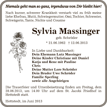 Traueranzeige von Sylvia Massinger von Wochenspiegel Mansfelder Land