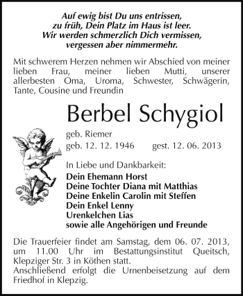 Traueranzeige von Berbel Schygiol von Super Sonntag Dessau / Köthen