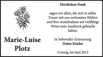 Traueranzeige von Marie-Luise Plotz von Super Sonntag Wittenberg