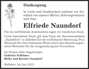 Traueranzeige von Elfriede Naundorf von Super Sonntag SGH Mansf. Land