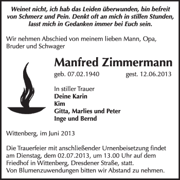 Traueranzeige von Manfred Zimmermann von WVG - Wochenspiegel Wittenberg