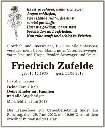 Traueranzeige von Friedrich Zufelde von Wochenspiegel Mansfelder Land