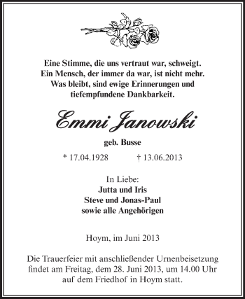 Traueranzeige von Emmi Janowski von WVG - Wochenspiegel Aschersleben