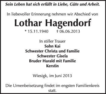Traueranzeige von Lothar Hagendorf von WVG - Wochenspiegel Wittenberg
