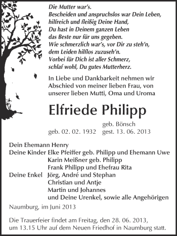Traueranzeige von Elfriede Philipp von WVG - Wochenspiegel NMB / WSF / ZTZ