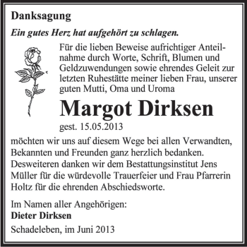 Traueranzeige von Margot Dirksen von WVG - Wochenspiegel Aschersleben