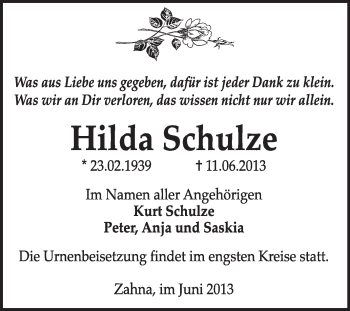 Traueranzeige von Hildaq Schulze von Super Sonntag Wittenberg