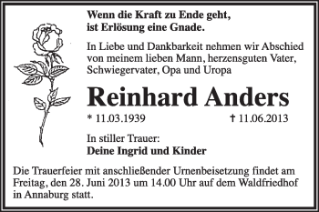 Traueranzeige von Reinhard Anders von WVG - Wochenspiegel Wittenberg