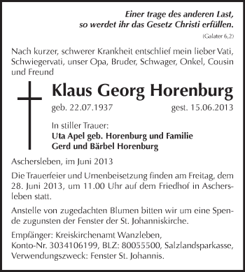 Traueranzeige von Klaus Georg Horenburg von WVG - Wochenspiegel Aschersleben