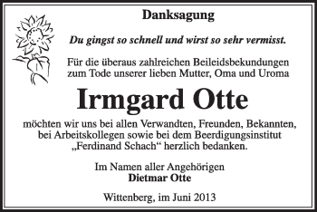 Traueranzeige von Irmgard Otte von WVG - Wochenspiegel Wittenberg