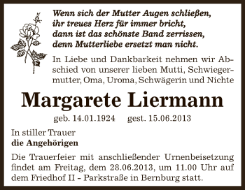Traueranzeige von Margarete Liermann von Super Sonntag Bernburg