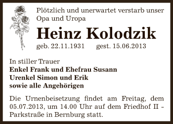 Traueranzeige von Heinz Kolodzik von Super Sonntag Bernburg