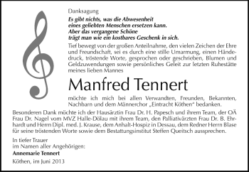 Traueranzeige von Manfred Tennert von Super Sonntag Dessau / Köthen