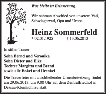 Traueranzeige von Heinz Sommerfeld von Super Sonntag Dessau / Köthen