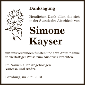 Traueranzeige von Simone Kayser von Super Sonntag Bernburg