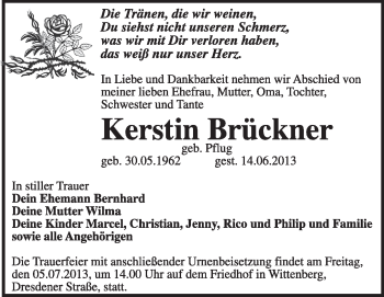 Traueranzeige von Kerstin Brückner von Super Sonntag Wittenberg