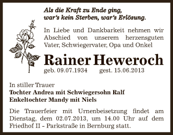 Traueranzeige von Rainer Heweroch von Super Sonntag Bernburg