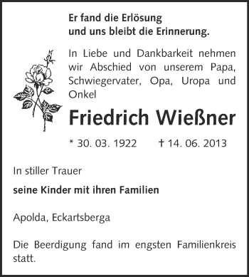 Traueranzeige von Friedrich Wießner von WVG - Wochenspiegel NMB / WSF / ZTZ