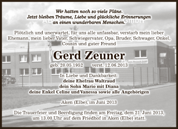 Traueranzeige von Gerd Zeuner von WVG - Wochenspiegel Dessau / Köthen