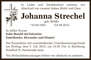 Traueranzeige von Johanna Strechel von Super Sonntag Bernburg
