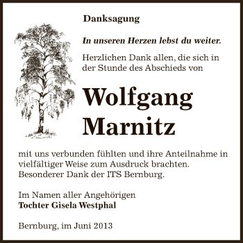 Traueranzeige von Wolfgang Marnitz von Super Sonntag Bernburg
