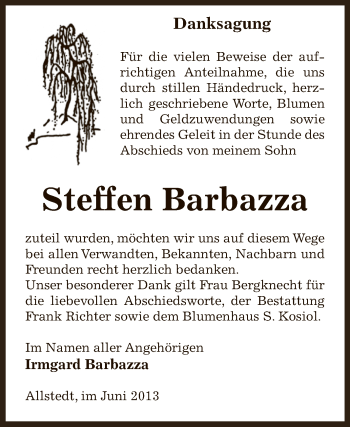 Traueranzeige von Steffen Barbazza von WVG - Wochenspiegel SGH