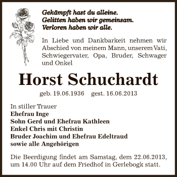Traueranzeige von Horst Schuchardt von WVG - Wochenspiegel Bernburg